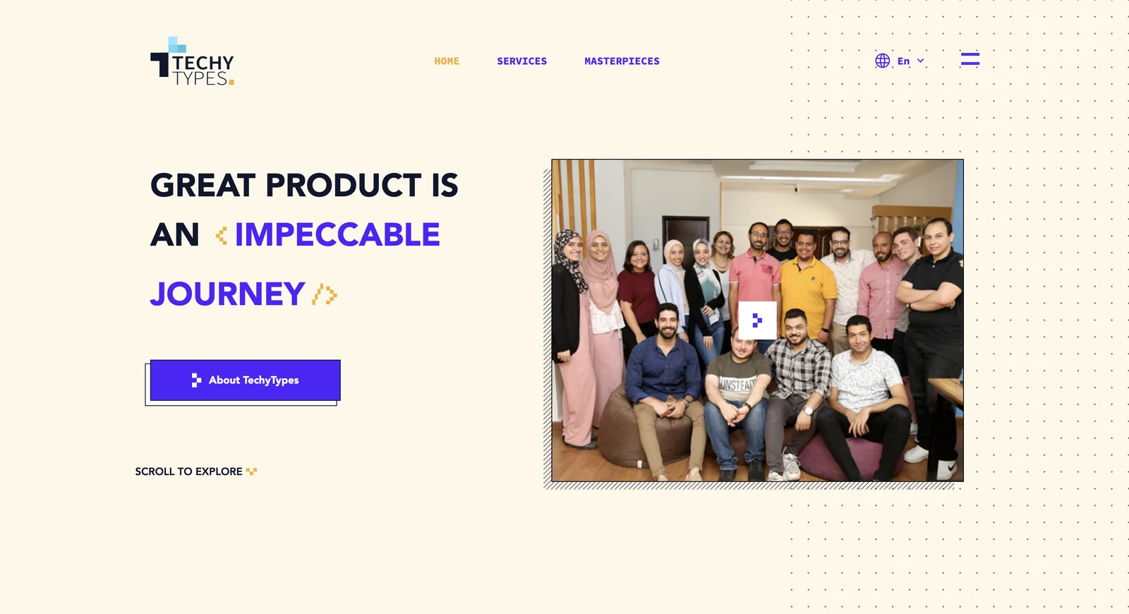 TechyTypes website with a cream background, purple typography and a team photograph