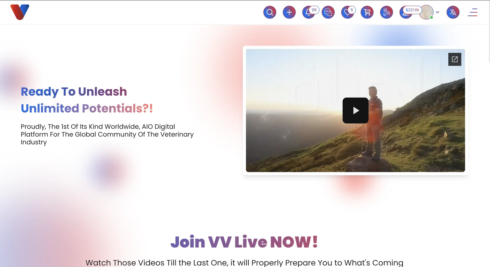V-Verse community platform homepage with navigation and a video introduction